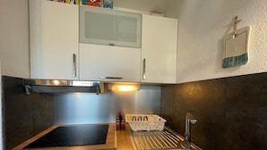 Cocina compacta con armarios blancos, un lavamanos de acero inoxidable y una placa de inducción negra.