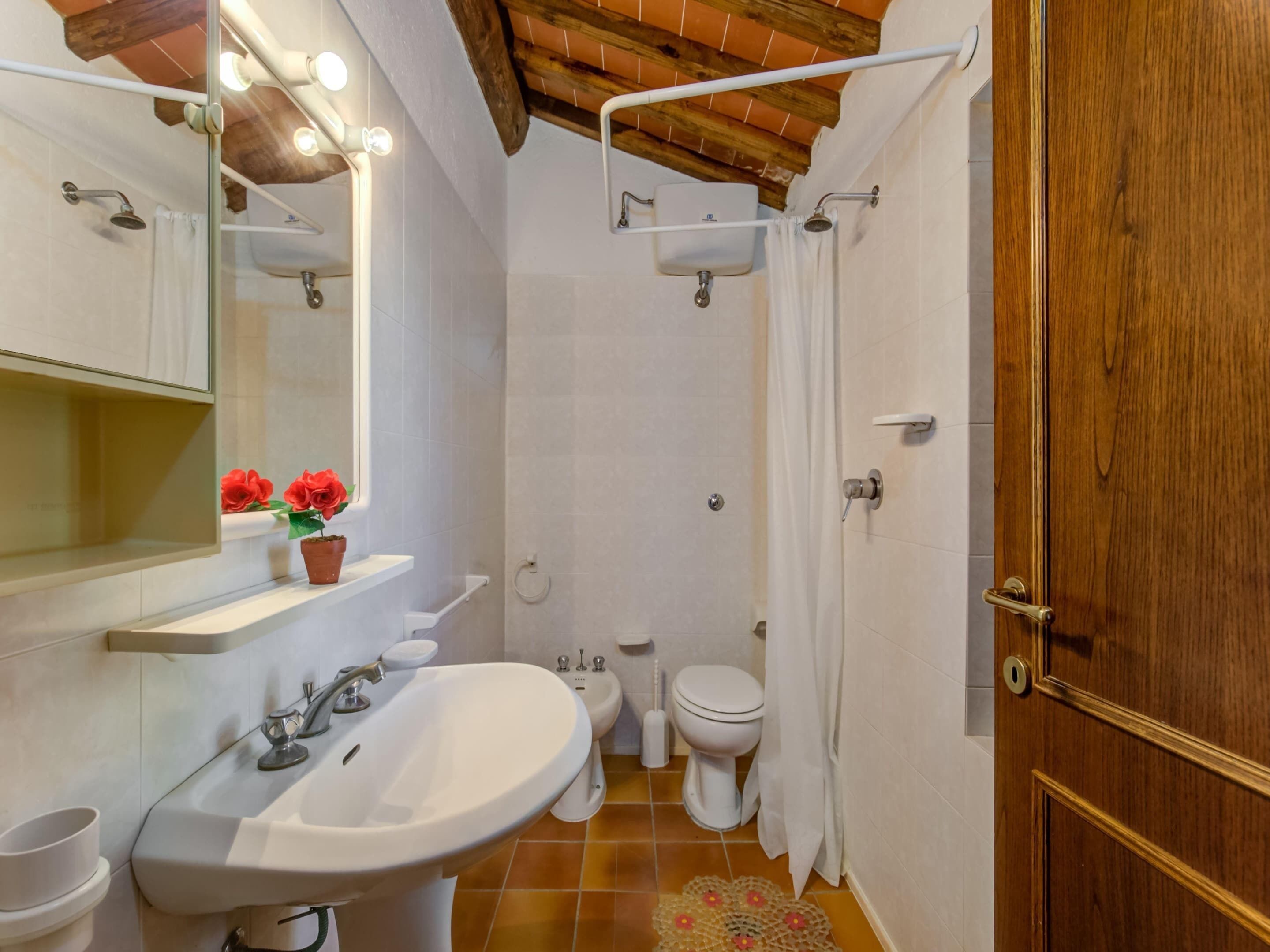 Un baño con lavamanos blanco, espejo e inodoro. Hay una puerta de madera y una zona de ducha con cortina.