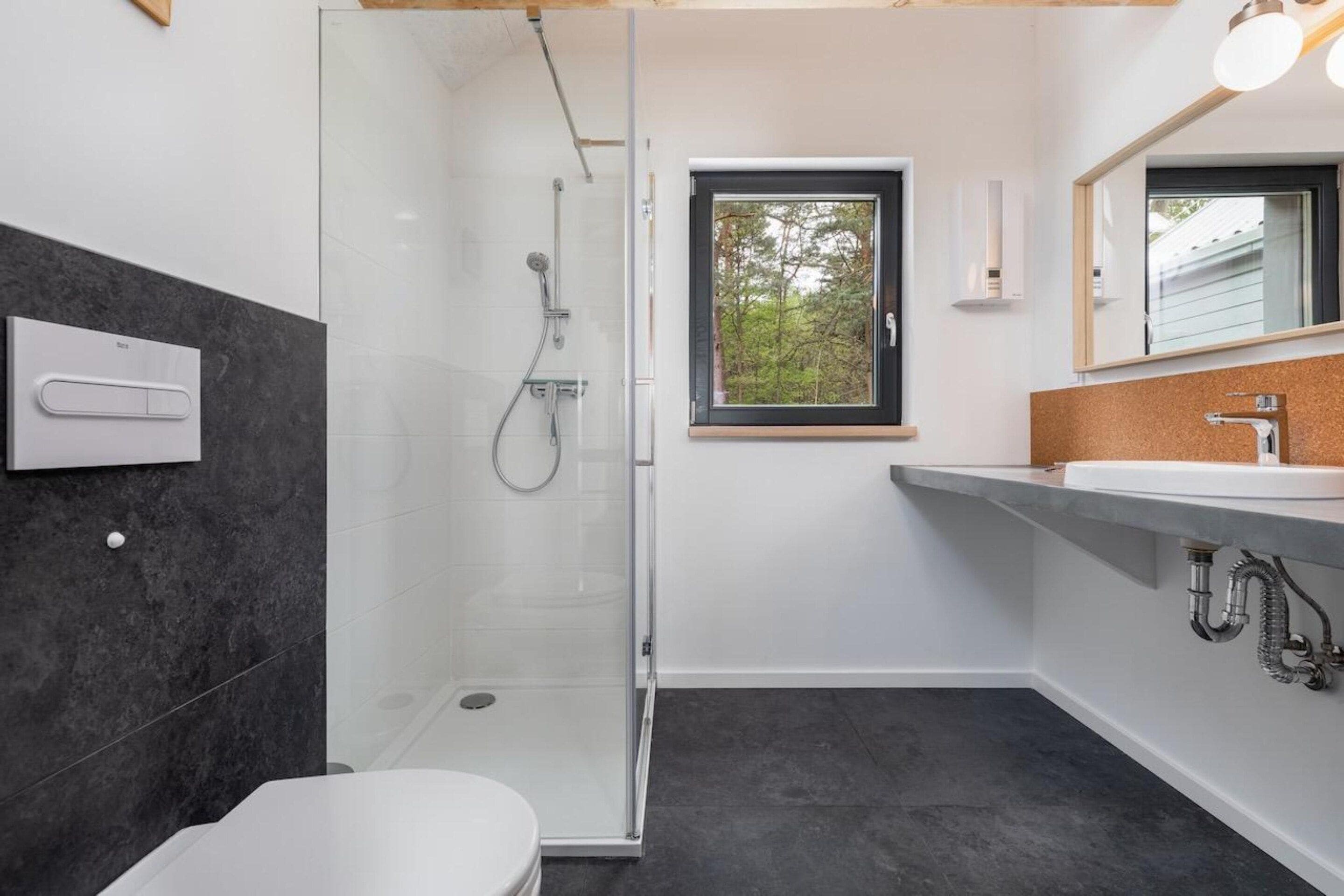 A modern bathroom with a glass shower enclosure, a toilet, and a sink with a mirror above it.