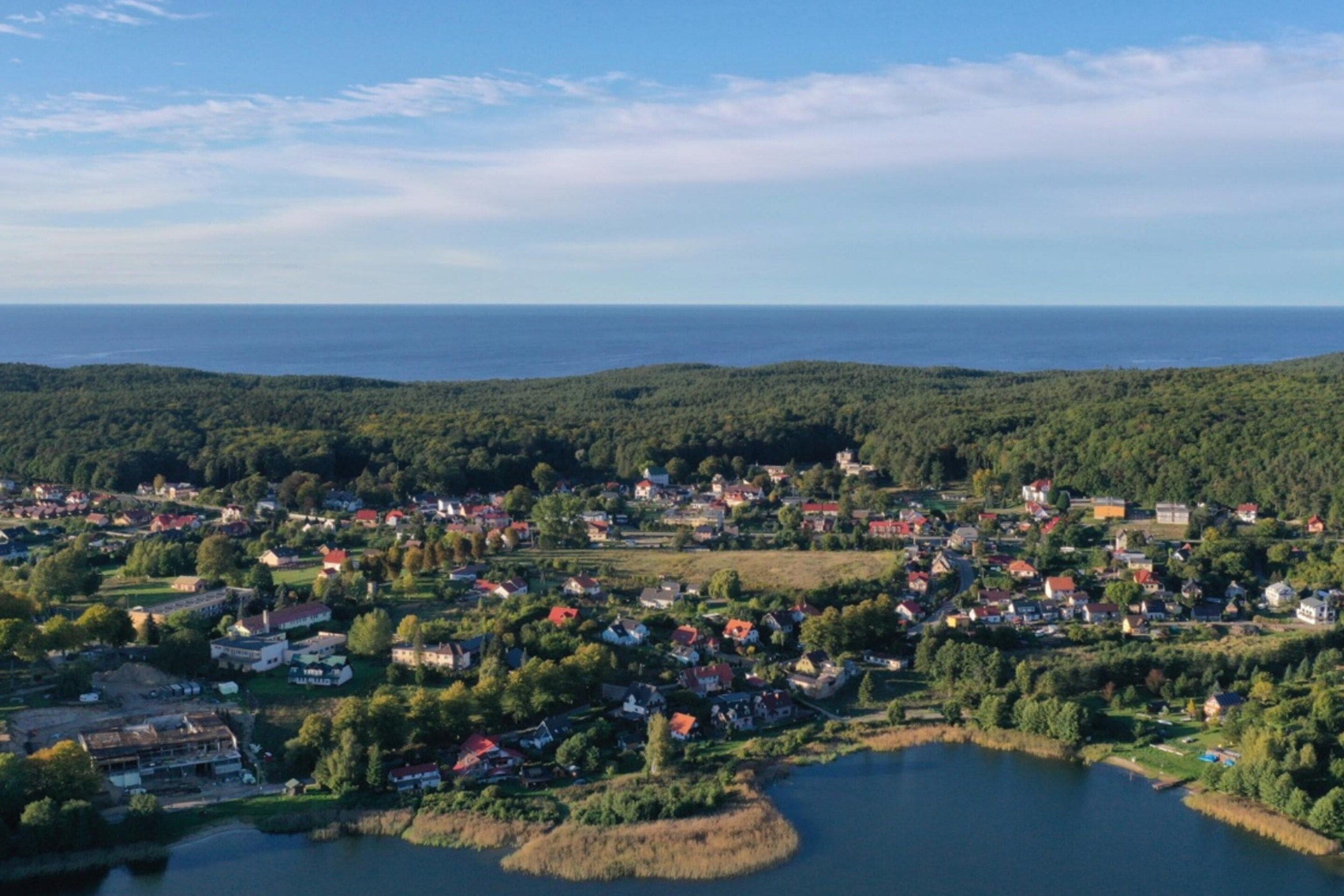 A lakeside village with houses, a small dock, and a forested hill in the background.