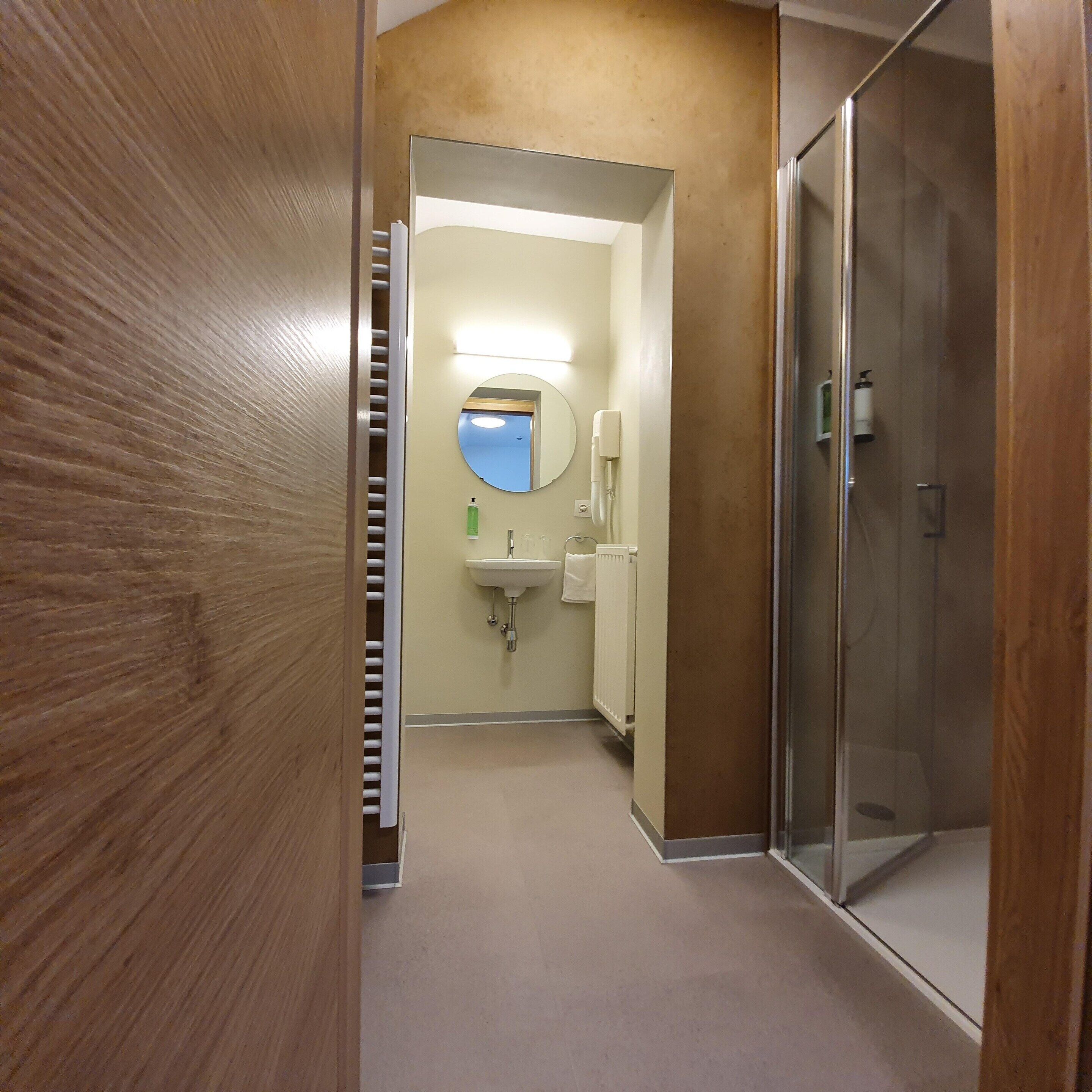 A narrow hallway leading to a bathroom with a sink, mirror, and a glass shower enclosure.