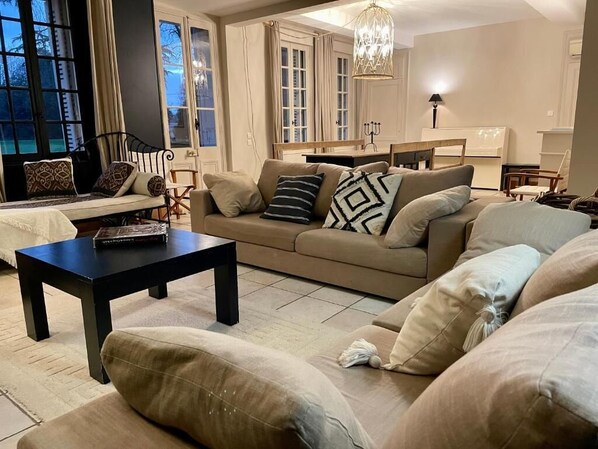 TV, fireplace, books