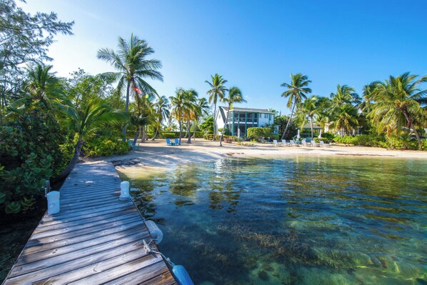 A wooden dock leading to a clear beach with palm trees and a building in the background.