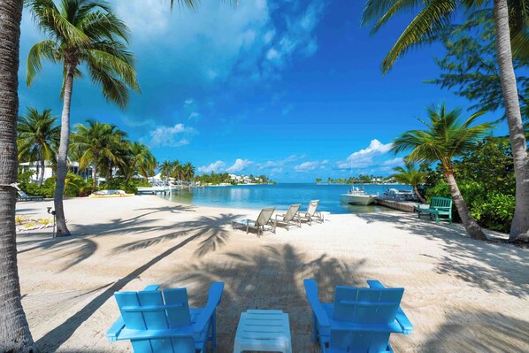 On the beach, sun-loungers, beach towels