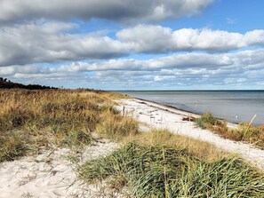 A beach with sand, grass, and a cloudy sky.
