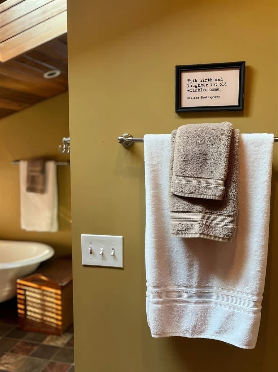Une salle de bain avec une serviette beige suspendue à un porte-serviettes, une citation encadrée au mur et un lavabo blanc.