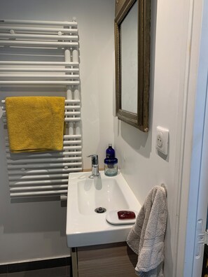 Chuveiro, secador de cabelo, toalhas de banho, sabonete