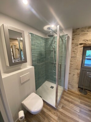 Shower, eco-friendly toiletries, hair dryer, towels