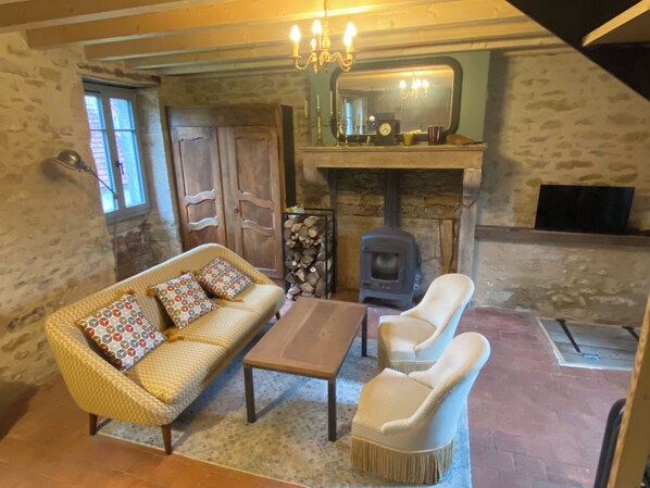 Smart TV, chimenea y libros 