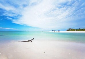 A beach with clear turquoise water, a driftwood piece on the sand, and a few people in the distance.