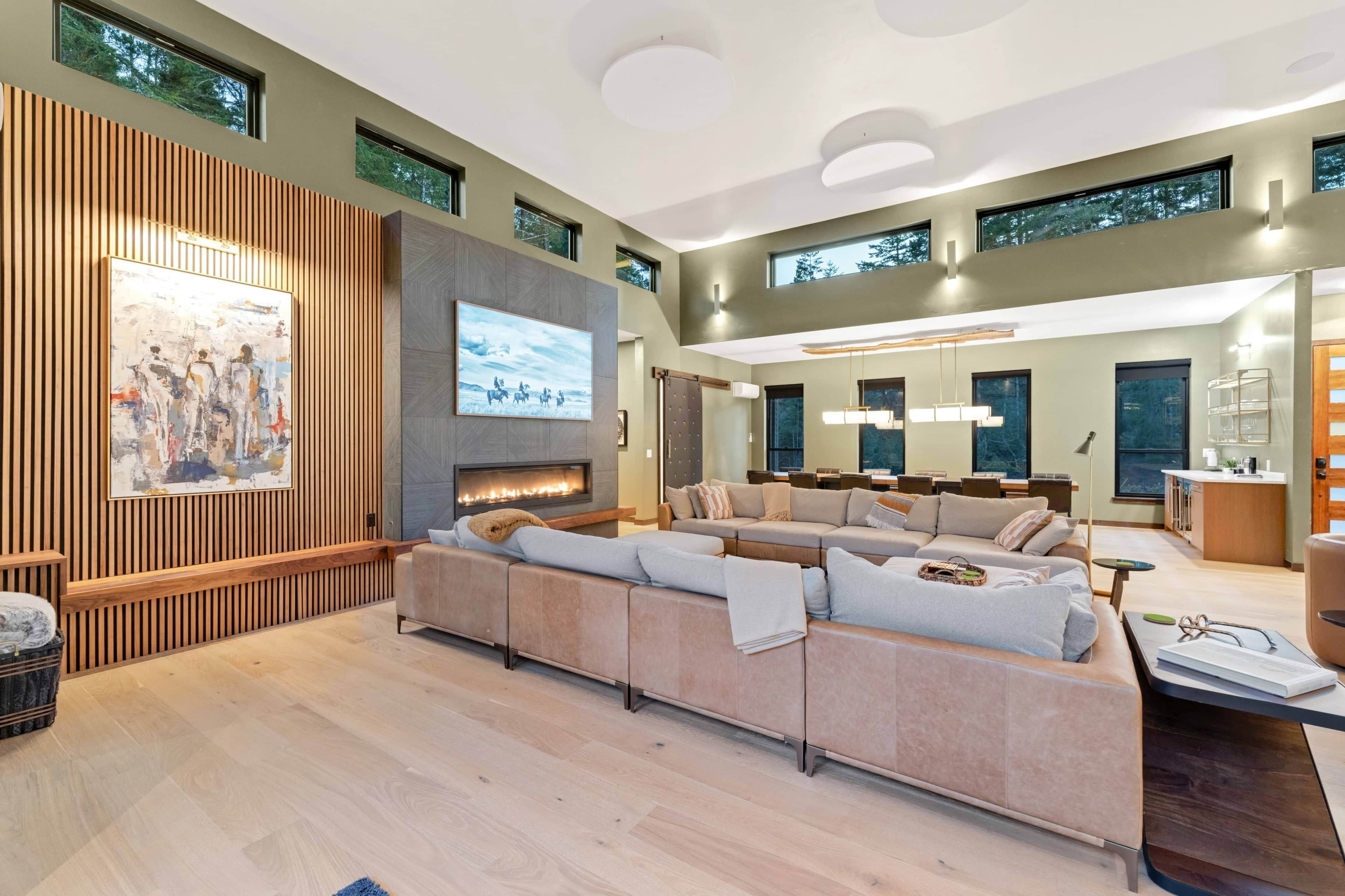 Télévision, cheminée, chaîne hi-fi