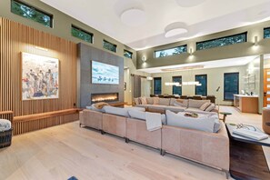 Télévision, cheminée, chaîne hi-fi