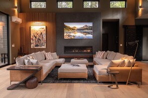 Télévision, cheminée, chaîne hi-fi