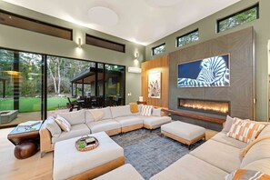 Télévision, cheminée, chaîne hi-fi