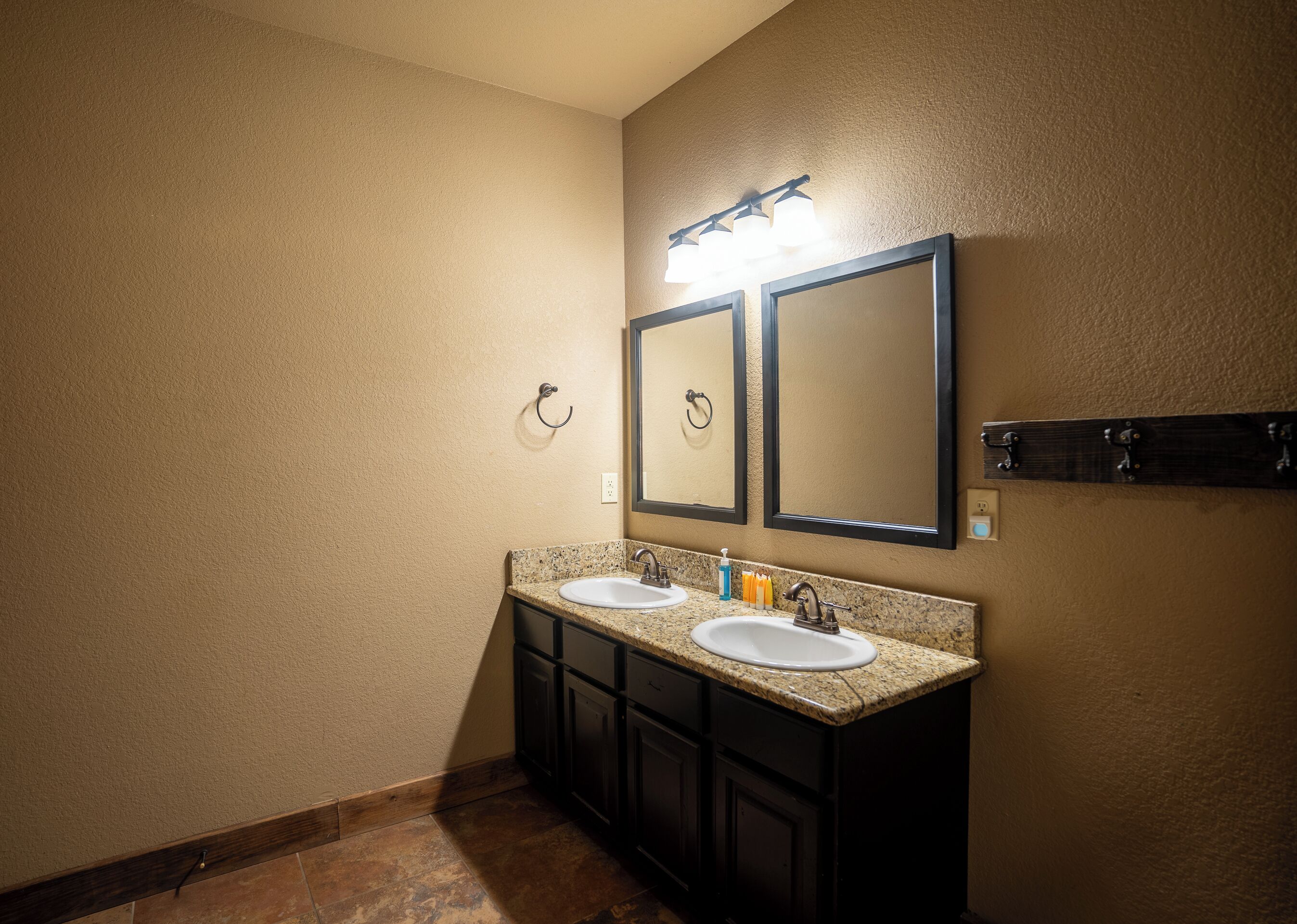 A bathroom with two sinks, a mirror, and a light fixture above the mirror.