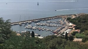 Un puerto deportivo con barcos amarrados, un muelle y vistas al mar y montañas distantes.