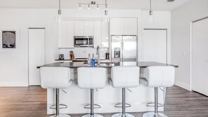 Fridge, dining tables