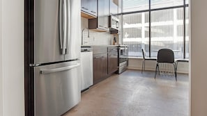 Fridge, dining tables