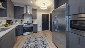 Una cocina moderna con electrodomésticos de acero inoxidable, una alfombra estampada y una araña.