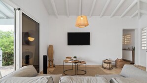 Una sala de estar moderna con un sofá, un televisor montado en la pared y una lámpara colgante.