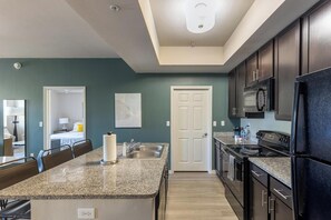 Fridge, dining tables