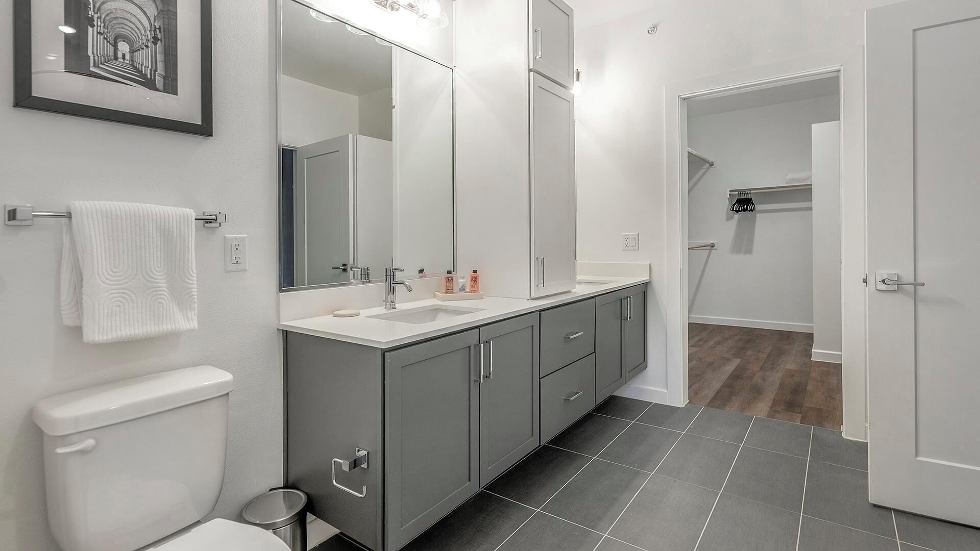 A modern bathroom with a toilet, a sink, and a mirror.