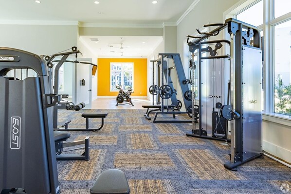 A gym with various exercise equipment, a bench, and a weight rack.