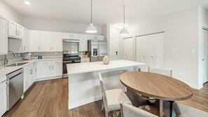 Fridge, dining tables