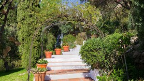 A stone staircase with terracotta pots and a vine archway leading to a garden area. - La Cuadra in Frigiliana (Frigiliana)