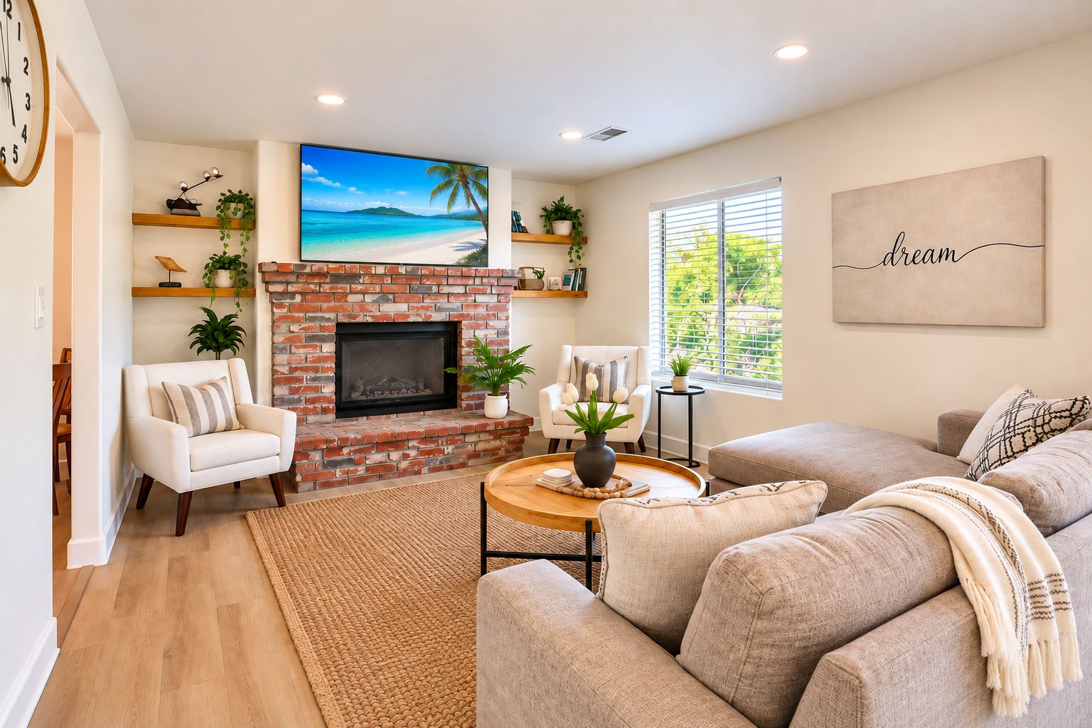 A living room with a brick fireplace, a large flat-screen TV, a sofa, and a coffee table.