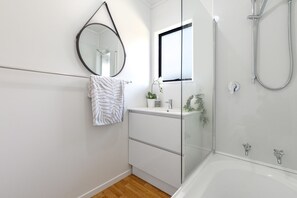 Eco-friendly toiletries, hair dryer, towels, soap