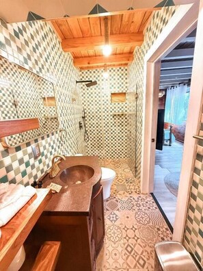 Deluxe Studio | Bathroom | Shower, hair dryer, bathrobes, slippers