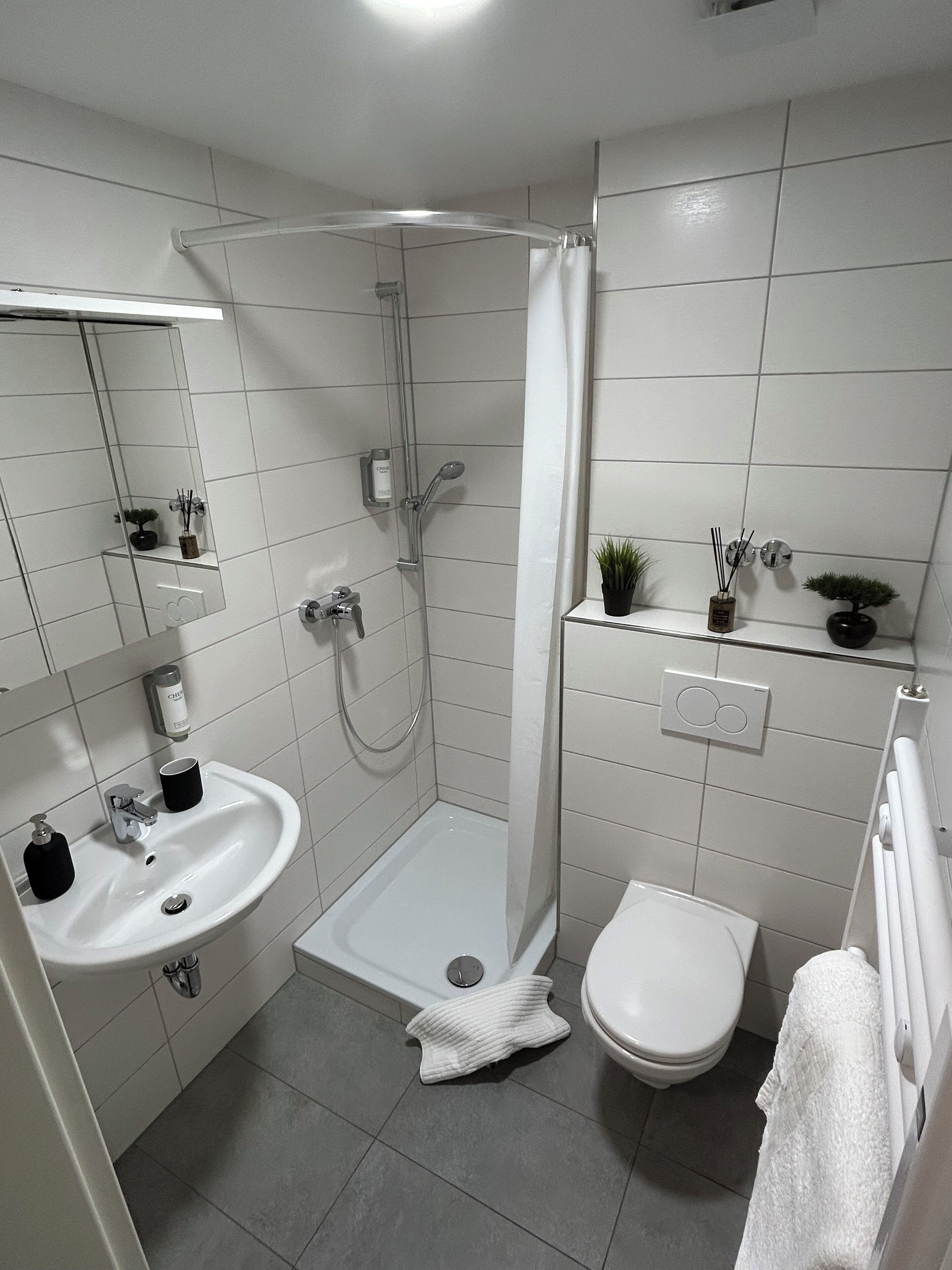 Dusche, Haartrockner, Handtücher, Seife