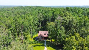 A cabin surrounded by dense forest, with a clear path leading to the entrance.