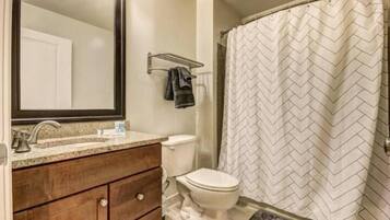 Combined shower/bathtub, hair dryer, towels, soap