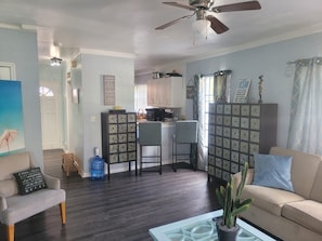 Smart TV, books, music library, stereo