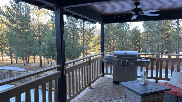 Una terraza techada al aire libre con una parrilla, zona de estar y vistas a un área boscosa.
