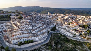 Une ville densément peuplée, avec des bâtiments blancs, une église imposante et un château en arrière-plan.