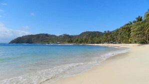 Ein Strand mit klarem, blauem Wasser, sandigem Ufer und einem bewaldeten Hügel im Hintergrund.
