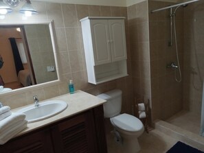 Shower, hair dryer, towels, soap