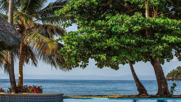Blick auf einen Pool mit freiem Blick auf das Meer, Palmen und einem strohgedeckten Gebäude.