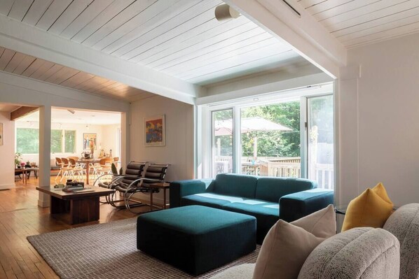 Smart TV, fireplace, books, music library