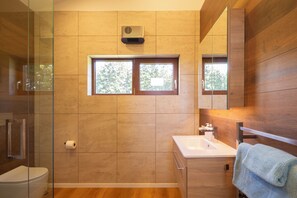 Shower, eco-friendly toiletries, hair dryer, towels
