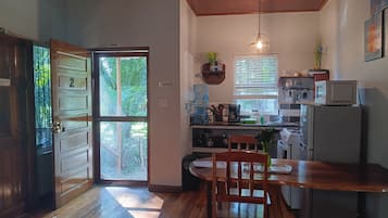 Fridge, microwave, coffee/tea maker, toaster