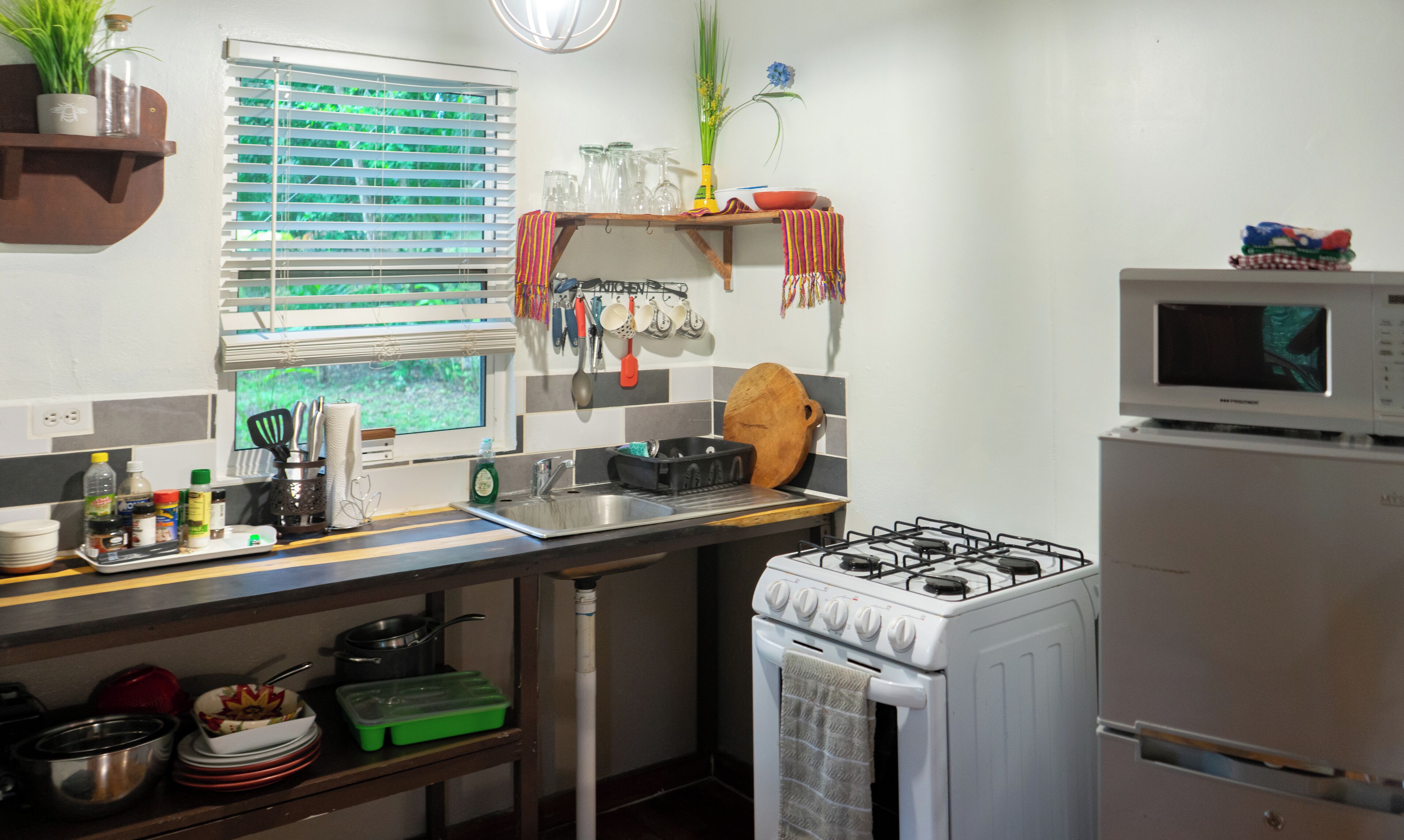 Fridge, microwave, coffee/tea maker, toaster
