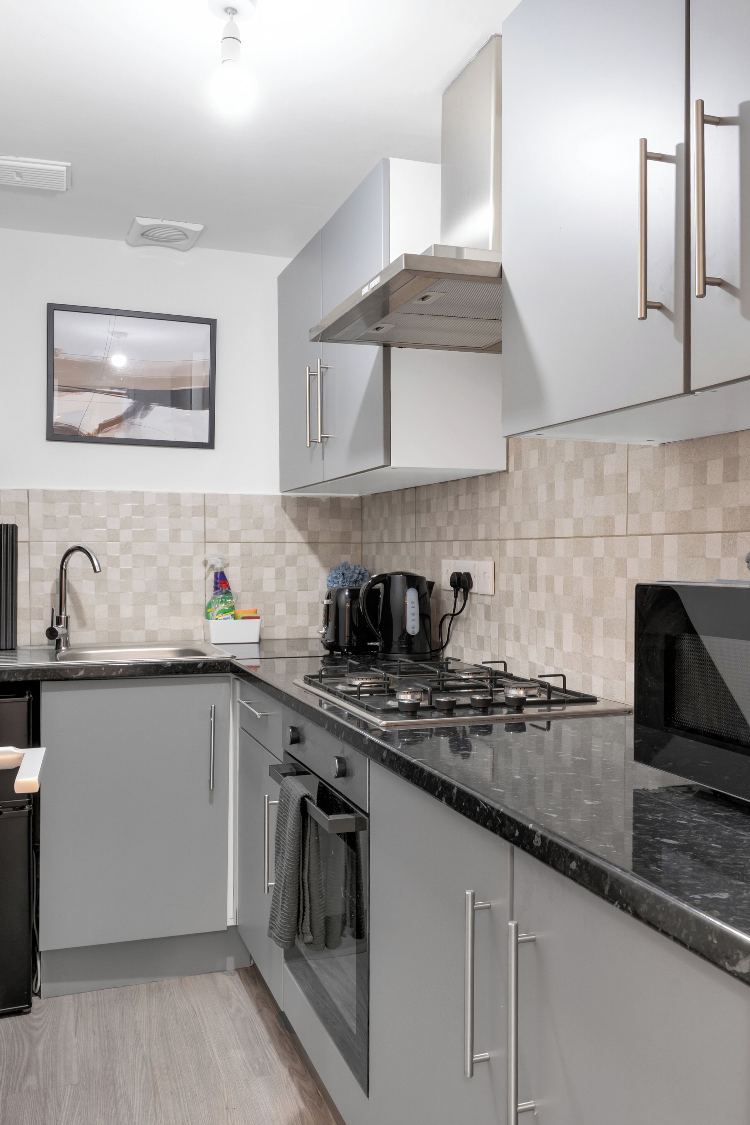 Fridge, microwave, oven, electric kettle