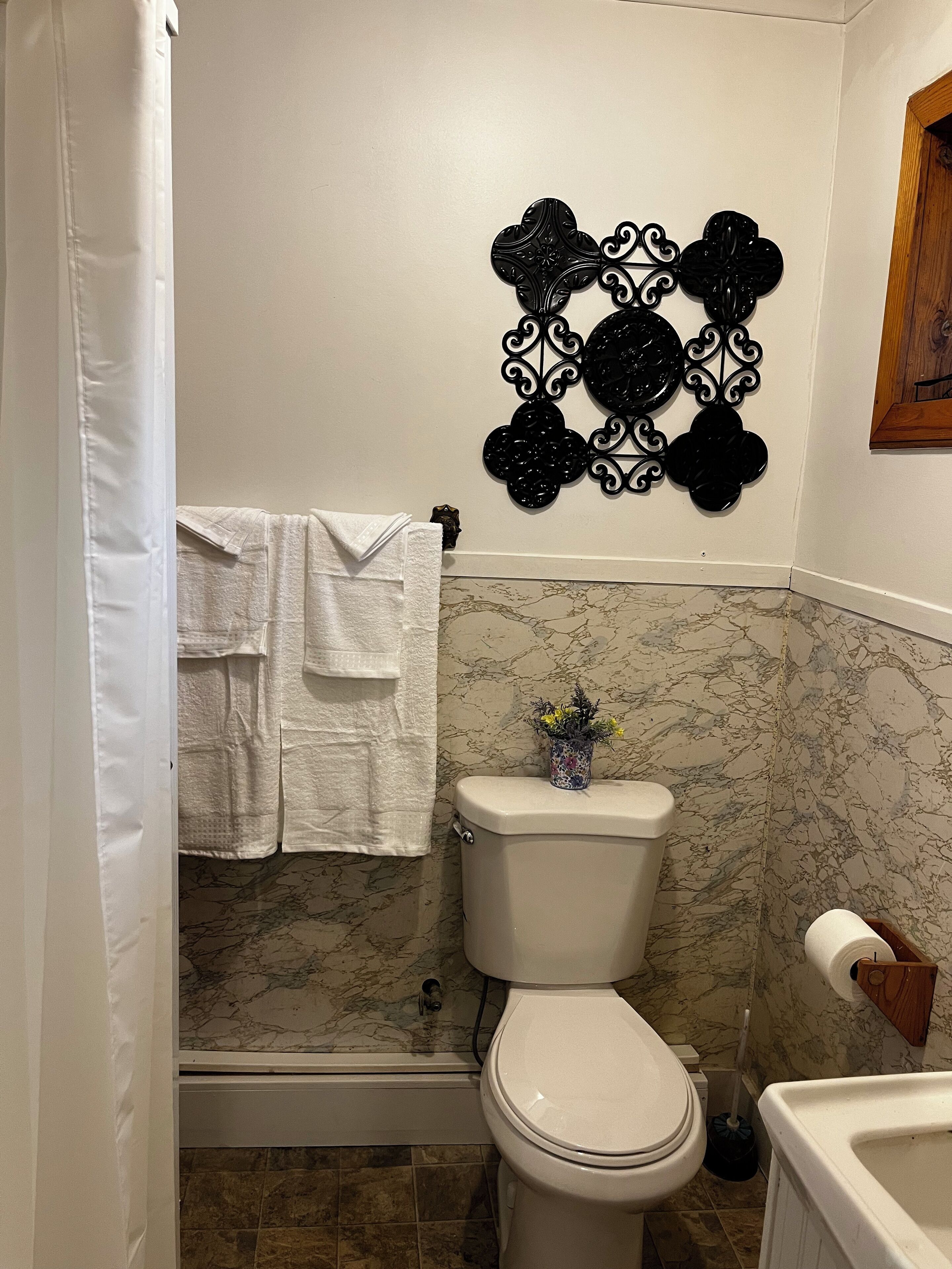 Shower, towels, soap, shampoo