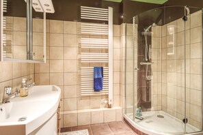 Shower, hair dryer, towels