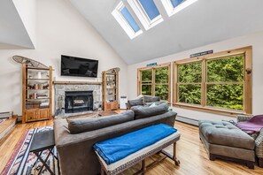 TV connectée, cheminée, livres