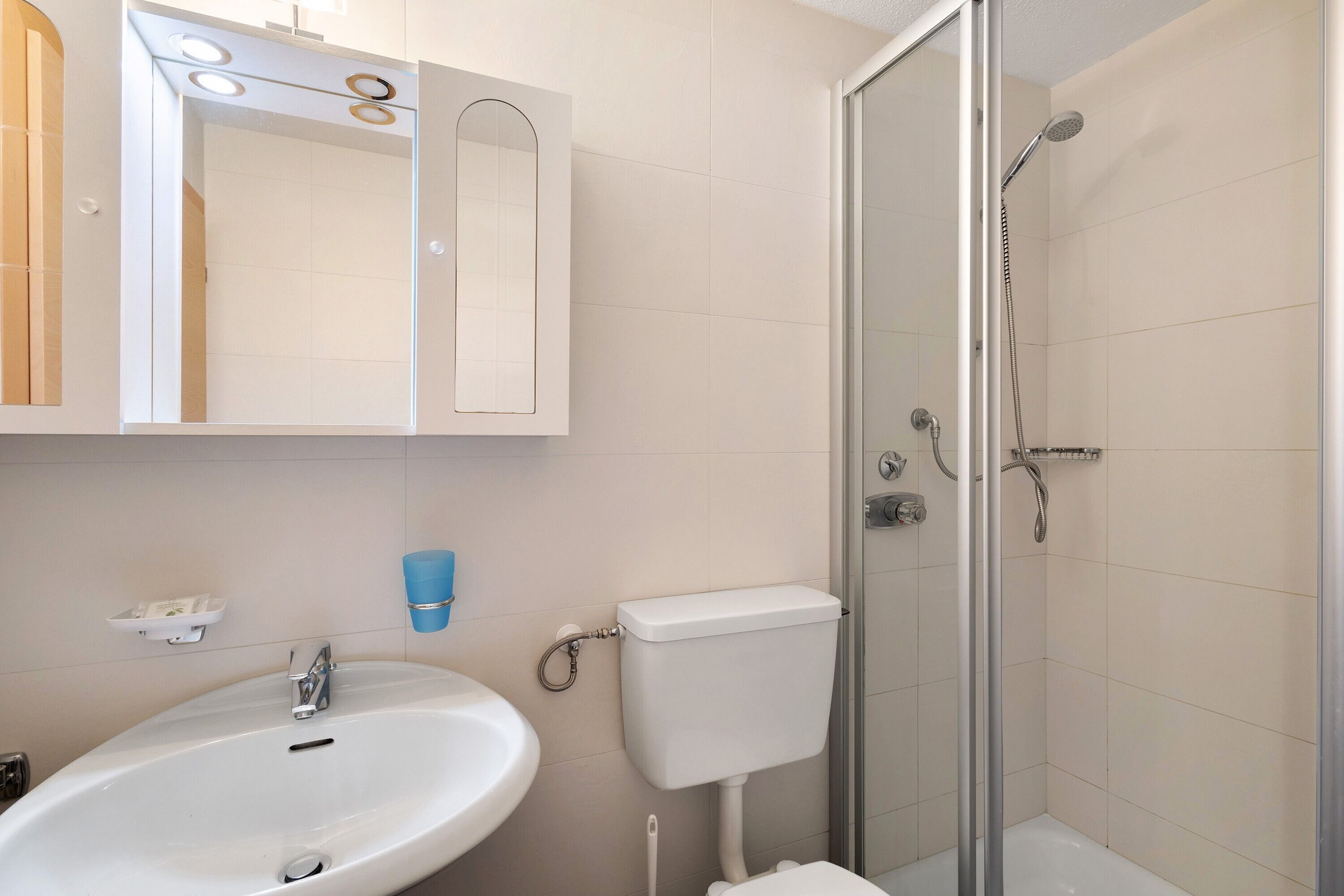 Un baño con lavamanos, espejo, inodoro y ducha.